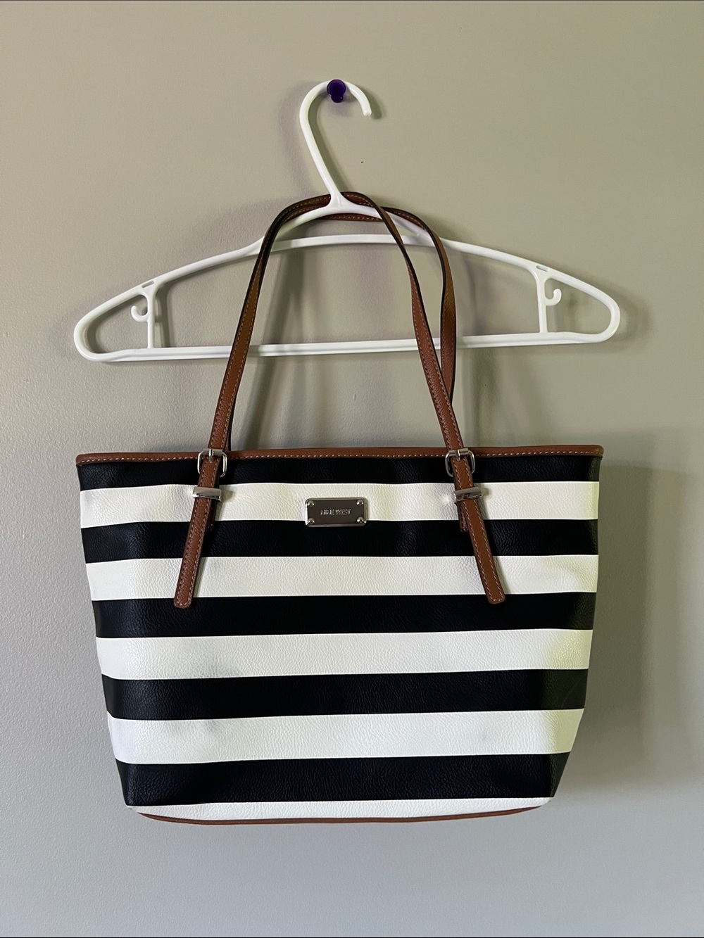 Nine West Black & White Striped Shoulder Tote with Brown Handles